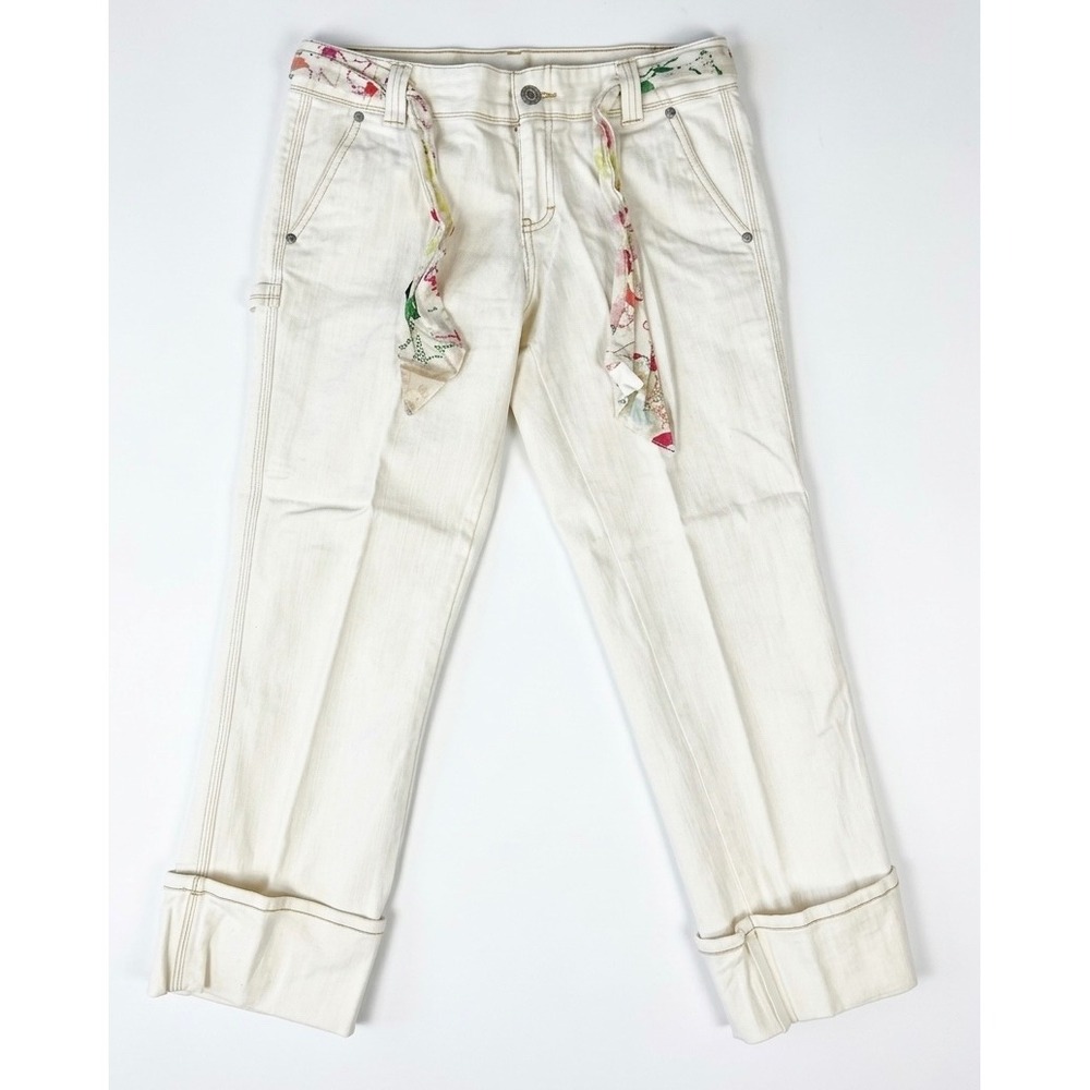 Calvin Klein Jeans Vintage Cream Cropped Cuffed Pants Scarf Belt Size 8 Y2K